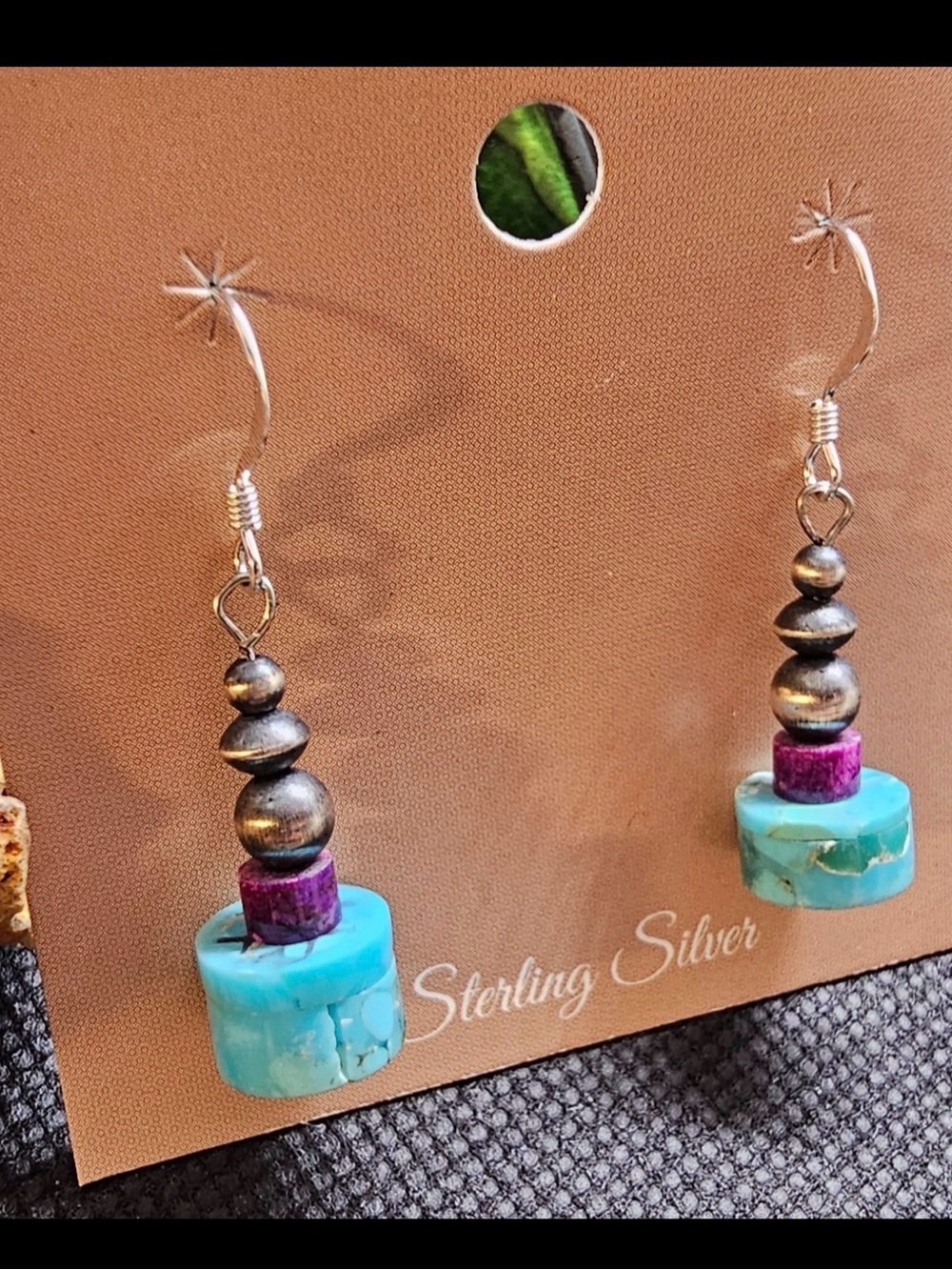 Sterling Silver Turquoise & Purple Spiny Dangle Earrings